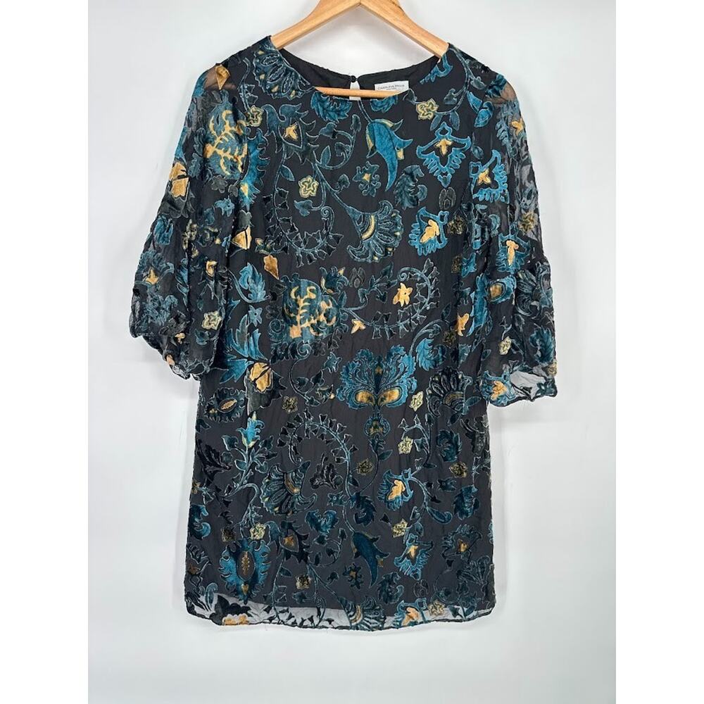 Carolina Belle Velvet Burnout Floral Mini Shift Dress Size 4 Bell Sleeve Fairy